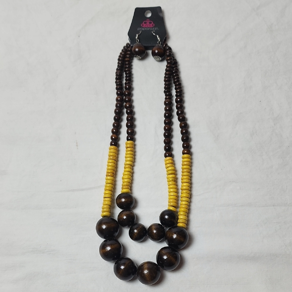 Paparazzi Cancun Cast Away Brown and Yellow Beaded Necklace With Earrings NWT
